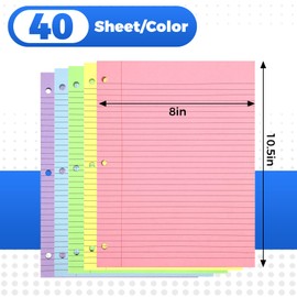 200 Sheets Loose Leaf Binder Paper, Colorful College Ruled Paper, 3-Hole Punched Notebook Paper for School Office, 8" x 10.5”