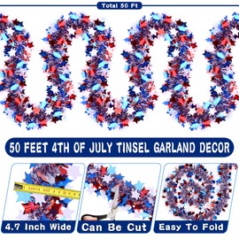 50 Feet Patriotic Tinsel Garland 4th of July Decorations, Red White and Blue Tinsel Garlands Metallic Glitter Garland for Fourth July Independence Day Memorial Day Outdoor Indoor Decor