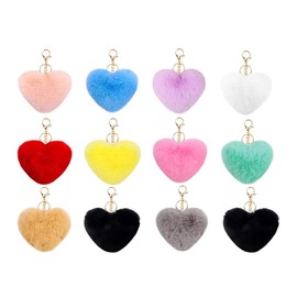 Operitacx Heart Pompom Keyring 12Pcs Pom Pom Heart Keychain Fluffy Fur Puff Ball Key for Women Valentines Day Fluffy Heart Shape Keychain