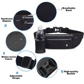 Peicees Fanny Pack with Water Bottle Holder Waist Bag for Men Women Water Resistant Lightweight Reflective Adjustable Running Belt Headphone Bag Travel Pocket for Outdoor Camping Fitness Hiking