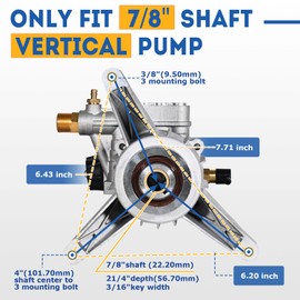 TOOLCY 7/8" Shaft Vertical Pressure Washer Pump - Rear Inlet/Outlet Max 3400 PSI @ 2.5 GPM OEM & Power Washer Pump for Gas Washer, More Replacement for Simpson, Ryobi, Honda etc