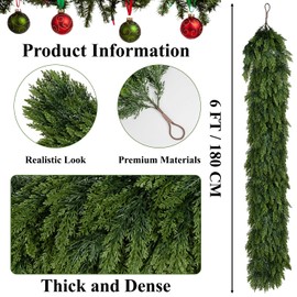 6 Ft Real Touch Christmas Cedar Garland, Realistic Faux Pine Garlands, Green Artificial Greenery Garland for Winter Home, Mantle, Fireplace, Mantle Fireplace Table Home Decoraiton- Green Cedar
