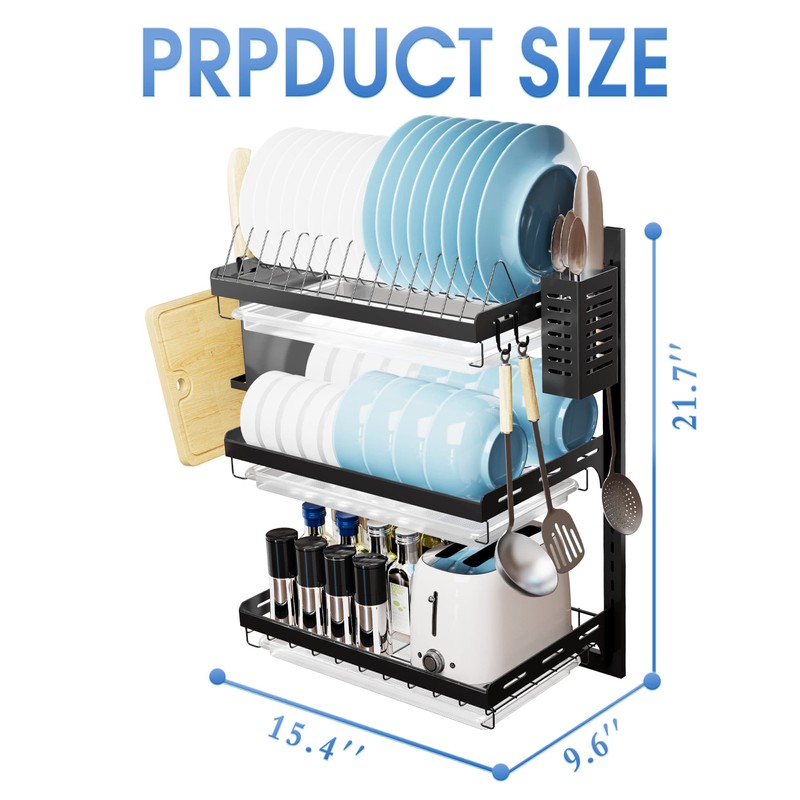 Virgorack 3 Tier Large Wall Mounted Dish Drainer, Stainless Steel