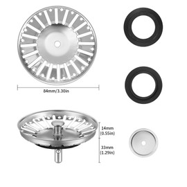 HUAERSICO Universal Drain Plug 84 mm - Sink Strainer and Strainer Basket with Plug, Kitchen Sink Strainer for Franke Sink Replacement Parts and Blanco Sink Accessories, 2 Seals