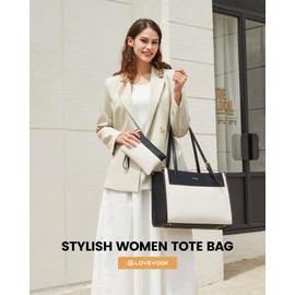 LOVEVOOK Laptop Tote Bag For Women 17.3 Inch Stylish Leather Work Tote Bag Purse Large Capacity And Waterproof Computer Briefcase For Business Office Travel, White-Black