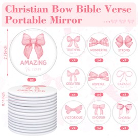 Vicenpal 40 pcs Inspirational Bible Verse Scripture Portable Round Pocket Mini Mirrors Pink Bow Coquette Mini Pocket Mirrors Bulk Christian Gifts for Women Church Religious Party Favors