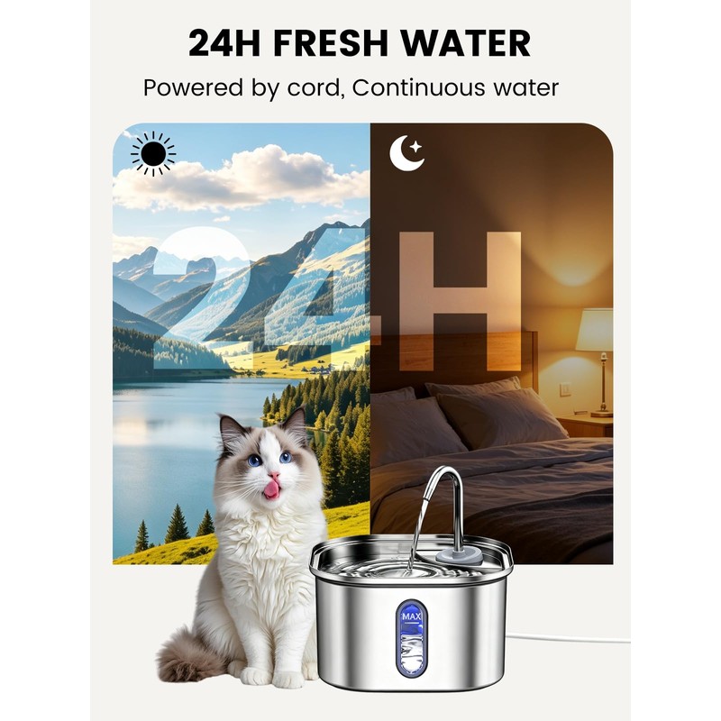 Stainless Steel Cat Water Fountain for Cats Indoor 3.2L 108oz