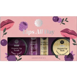 Lips All Day | Incluye 2 bálsamos labiales, máscara de labios y exfoliante labial en glaseado de vainilla y sabores de explosión de bayas