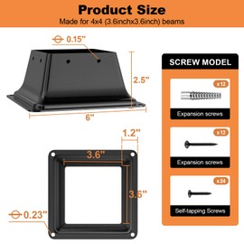 FMhotu 4x4 Post Base 15Pcs, Internal 3.6"x3.6" Heavy Duty Powder-Coated Steel Post Bracket Fit for Standard Wood Post Anchor, Decking Post Base for Deck Porch Handrail Railing Support