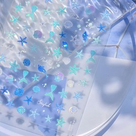 Summer Nail Art Stickers 5D Embossed Ocean Starfish Seashell Fish Tail Blue Nail Decal Laser Nail Design Kit Self Adhesive Nail Decor Gel Nail Stickers for Nail Art Supplies