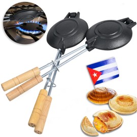 2 Uds Original Disquera de Pan Cubano Redondo – Set of 2 Cast Iron Cuban Sandwich Presses – Traditional Discos Voladores Maker – 15” with Wooden Handles