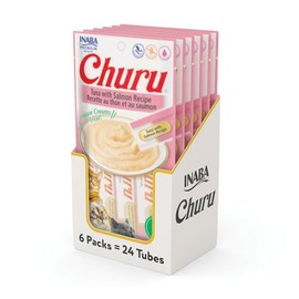 Inaba Churu Premios para Gato Sabor Atún y Salmón, Puré Cremoso, Delicioso sabor, Caja 6 Bolsas, 24 tubos de 14 grs c/u