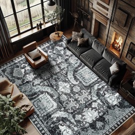 Black and White Washable Rugs 8x10 Large Vintage Tribal Area Rug Ultra-Soft Low Pile Non Slip Stain Resistant Printed Grey Rugs for Living Room Bedrooms Playroom Dining Room(Black and White,8x10ft)