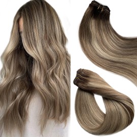 Sew in Hair Extensions Real Hair Bundles Brown Rooted Ash Brown Mixed Bleach Blonde Highlight Weft Hair Extensions Hand Tied Sew in Balayage Weave Bundles 18 Inch 100grams