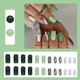 Ceboic French Tip Press on Nails Square Medium Length False Nails Green Stripes Glossy Fake Nails Acrylic Full Cover Glue on Nails with Elegant Design Natural Reusable Stick on Nails for Women