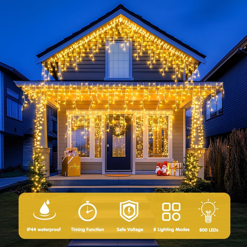 JMEXSUSS Christmas Icicle Lights for Outside-800 LED Warm White Icicle