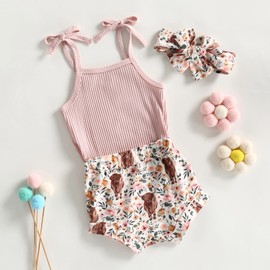 Kuriozud Western Baby Girl Clothes Newborn Infant Girl Tank Top Bodysuit and Cow Print Shorts Set Headband Summer Outfit (Cow Pink,3-6 Months)