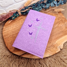 Gotteslob - Hülle aus Wollfilz - Kreuz - Schmetterlinge - flieder - Geschenk zur Kommunion, Geburt oder Taufe