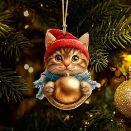 Christmas Tree Decoration,10Pcs Christmas Tree Acrylic Pendant, Cute Cat with Light Xmas Tree Accessories Christmas Pendants Hanging, Cartoon Cat Christmas Ornament