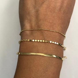 Tasiso 14K Gold Plated Three Layered Herringbone Chain Bracelets for Women Dainty Layering Dot Beaded Bracelets Minimalist Everyday Bracelet Set of 3