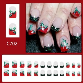 24Pcs Short Square Christmas Press on Nails French Tip Fake Nails Green Glitter Xmas Holly Leaves False Nails Winter Christmas Nails Designs Full Cover Glue on Nails for Women Girls Acrylic Nails Kit