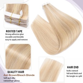 S-noilite Tape In Human Hair Extension Ash Blonde Highlights Bleach Blonde 20pcs 30g Set Double Side Invisible Remy Tape Hair Extension Silky Straight Skin Weft Seamless (22",#18P613)
