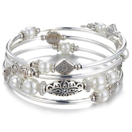 BULINLIN Layered Wrap Bangle Turquoise Bracelet - Bead Bracelet with Natural Agate Stone, Gifts For Women (03-White pearl)