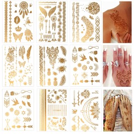 125+ Festival Tattoos Gold, Glitter Tattoos Adult Women, Festival & Boho Temporary Tattoos for Sticking, Metallic Face & Body Tattoos, Waterproof Festival Accessories for Carnival Party Wedding