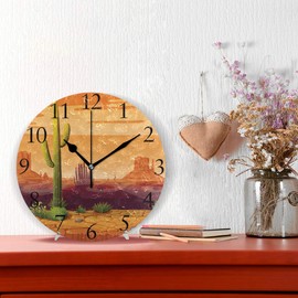 susiyo Desert Cactus at Sunset Wall Clock 9.8 Inch Silent Round Wall Clock Battery Operated Non Ticking Creative Decorative Clock for Kids Living Room Bedroom Office Kitchen Home Decor