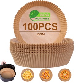 AiQInu Baking Paper for Hot Air Fryer, Airfryer Baking Paper, Round, 16 cm, Pack of 100, BPA-Free, Waterproof, Oil-proof, Parchment Paper, Liner, Airfryer Accessories for Hot Air Fryer, Oven,