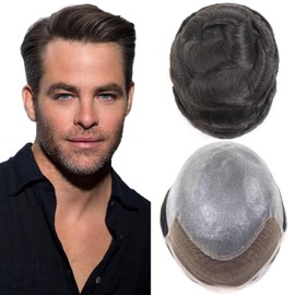 Mens Hair Replacement System European Human Hair Toupee for Men Swiss Lace Front Natural Hairline Male Hair Pieces Protesis 0.08mm Thin Skin Pu Single Knot Men's Hairpiece 8x10 Inch #1B Off Black