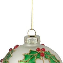 Northlight Glass Christmas Ball Ornament with Holly Leaves, 4.5", White