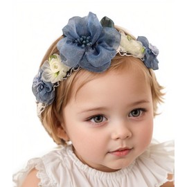 Bethynas baby girls Lace Flower Headband Gauze Floral Elastic Infant Hairband Birthday Party Princess Hair Accessories for Newborn Toddlers (Blue)