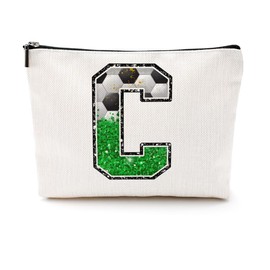 CQM Soccer Gifts Initial Makeup Bag Monogrammed Cosmetic Bag Letter C Zipper Pouch Soccer Accessories for Girls Women Soccer Player Coach Friend Soccer Stuff Graduation Birthday Gifts