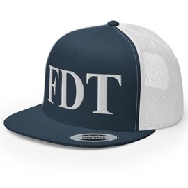 RIVEMUG TR FDT Embroidered Flat Bill Trucker Hat High Crown Adjustable FDT Hat Navy/White
