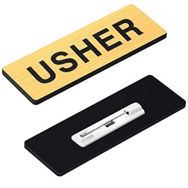 30 Pack Usher Badges Usher Pins for Church Acrylic Usher Name Tags with Pins Round Corner Usher Badges for Church Name Tag Pins Name Badge Uniform Clothes, 1 x 3 Inch(Black, Gold)