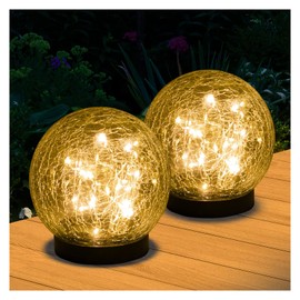 Solar Lights Outdoor Garden Decorative - 2 Pack Solar Globe Lights Upgrade Waterproof with 30 LEDs Cracked Glass Ball Lights for Yard Patio Pathway Lawn Outside Decor (4.73") Warm White