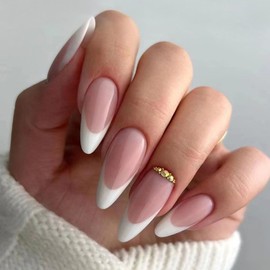 Ceboic 24Pcs Almond Press on Nails Long, Nude Pink French Glossy False Nails, Rhinestones Design Fake Nails with Jelly Glue, 12 Sizes Stiletto Full Cover Acrylic Stick on Nails for Women Girls