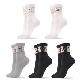 kikiya socks Women Cute Crew | 5 Pairs Ribbon Pattern with Sheer Mesh Design Socks Preppy See-through Graphic Daily Boot Preppy Cotton Socks | Womens Ladies Girls Gift | Ribbon B