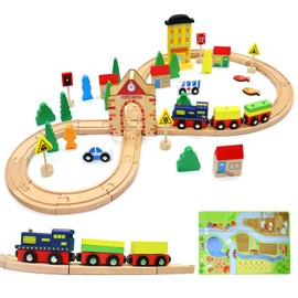 HERQUEEN Wooden Train Set with Magnetic Trains and Premium Wood Tracks,54pcs Wooden Magnetic Train Track Set for 3+ Toddlers Boys Girls, Double-Side Wooden Tracks Work with Major Brands Track