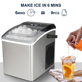 Koolatron Countertop Ice Maker Portable Stainless Steel Ice Machine 26Lbs/24Hrs 9 Ice Cubes in 6 Mins 2 Sizes of Ice Pellets Self-Cleaning