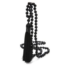 BALIBALI 8MM Beads Chakra Long Mala Necklace Natural Stone Meditation Statement Necklace Japa Yoga Rosary Prayer Charm Beaded Tassel Necklace (Black Agate)