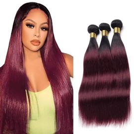 Bafamiya Human Hair Bundles 20 22 24 Inch Ombre Burgundy 99J Straight Bundles Human Hair 100% Unprocessed Soft Sewn In with Double Weft for Black Women