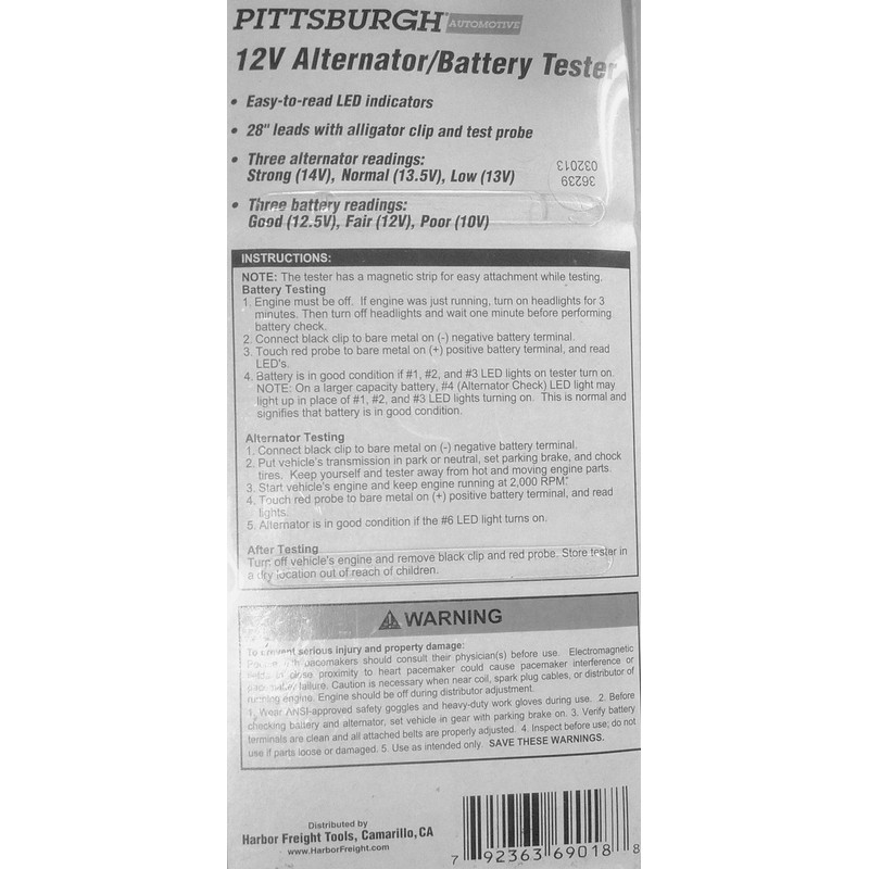 Alternator Battery Tester with Red, Green, Yellow LED Lamps