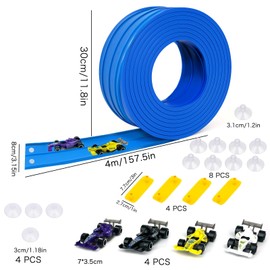 Speed Car Track(4 M) Toy for Racing, Classic Long Roll Up Race Track for Loops, Jumps, Ramps, with 4 Cars and 12 Suckers, for Family, Children, Boys, Girls, Blue