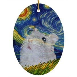 Whimsical Night Sky Djungarian Hamster Christmas Ornament White Oval Ceramic - Impressionist Pet Portrait Memorial Keepsake Gifts for Hamster Lovers