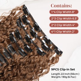 LONAI Black Hair Extension,9PCS 22" Curly Clip in Hair Extensions LN002 Long Soft Thick Synthetic Hairpieces for Women-Auburn Chestnut brown