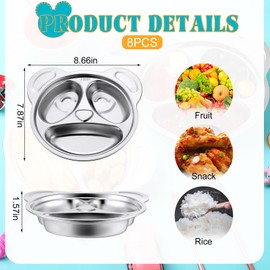 Lounsweer Set of 8 Stainless Steel Toddler Plates 304 Stainless Steel Dishes for Kids 3 Sections Unbreakable Metal Cute Panda Shape Compartment Divided Platesfor Toddler Picky Eaters, Lunch, Camping