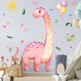 RAINBOW WSK Dinosaur Wall Decals for Girls Room Pink Dino Wall Stickers with Flowers Sun Palm Leaves Kids Baby Nursery Bedroom Playroom Living Room Classroom Home Wall Decor UV24Y11661-Pink