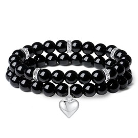 AWARDSEN 2 pieces heart gemstone bracelet women, crystal bracelet gemstone 8 mm gemstone jewellery, healing stones bracelet, partner bracelets, gift for women, Crystal, gemstone, No gemstone